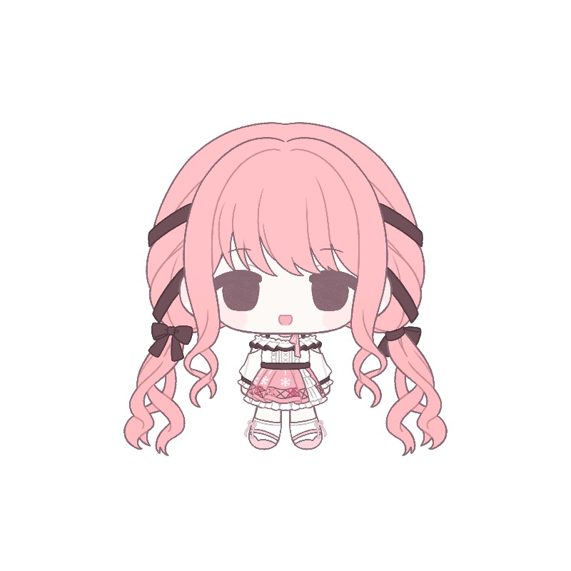 nikki (nikki), perfect start (infinity nikki), infinity nikki, nikki (series), commentary, english commentary, 1girl, absurdly long hair, arm cutout, bare shoulders, belt, black belt, black bow, black ribbon, blush stickers, bow, bow choker, bow legwear, bowtie, bra strap, brown eyes, buttons, center frills, chibi, choker, clothing cutout, flat color, frilled shirt, frilled skirt, frilled sleeves, frills, hair bow, hair ribbon, happy, kneehighs, layered skirt, long hair, long sidelocks, long sleeves, looking at viewer, low twintails, mary janes, medium skirt, off-shoulder shirt, off shoulder, open mouth, pink bow, pink bowtie, pink choker, pink hair, pink ribbon, pink shoes, pink skirt, pleated skirt, print skirt, puffy long sleeves, puffy sleeves, ribbon, shirt, shoes, sidelocks, simple background, single stripe, skirt, smile, snowflake print, socks, solo, standing, straight-on, striped bow, striped bowtie, striped clothes, tareme, tress ribbon, twintails, very long hair, wavy hair, white background, white shirt, white skirt, white socks, yebmel