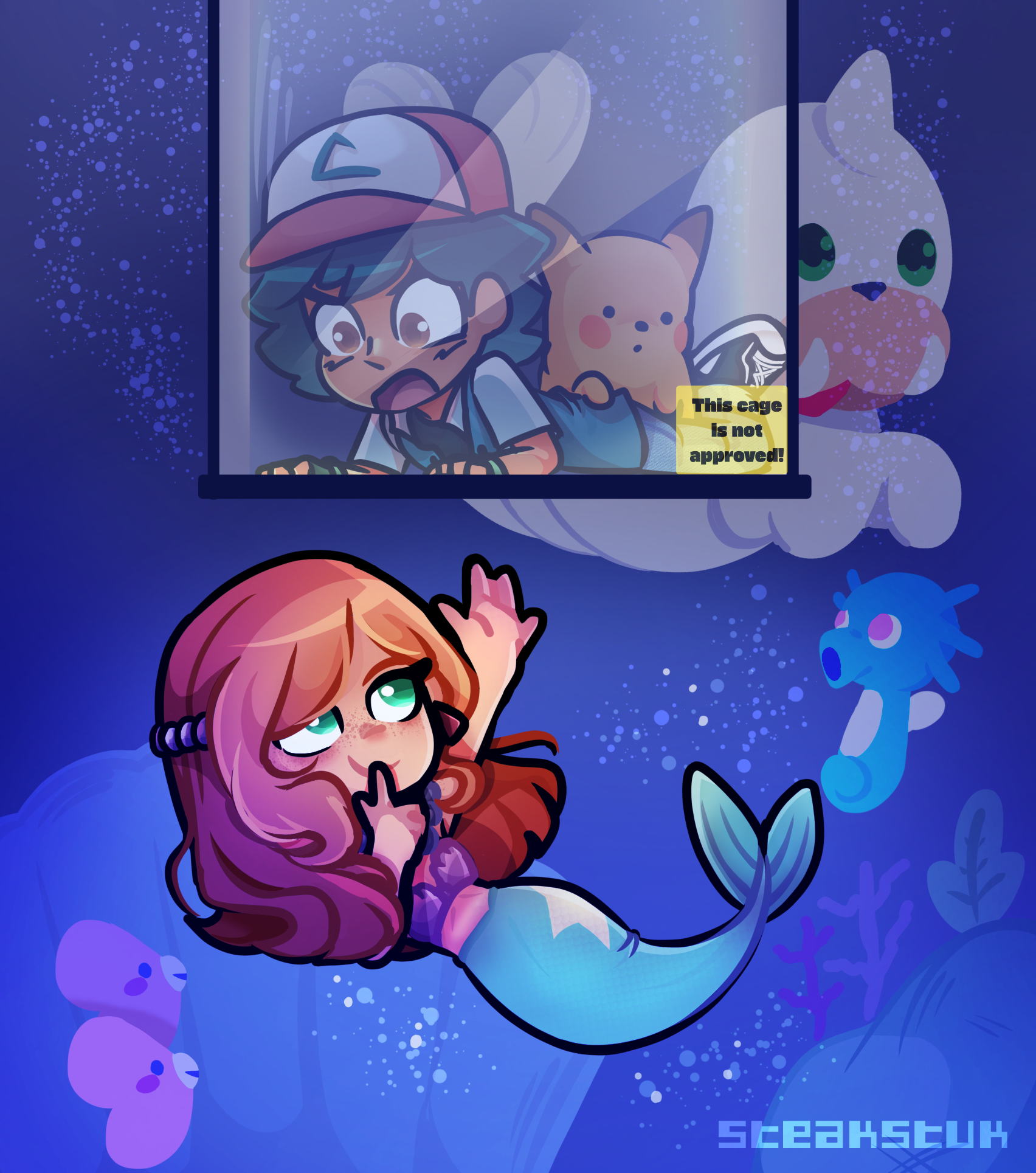 ash ketchum, horsea, luvdisc, mermaid misty (pokemon), misty (pokemon), pikachu, seel, nintendo, pokemon, pokemon (anime), pokemon (classic anime), pokemon rgby, highres, 1boy, 1girl, against glass, air bubble, aquarium, artist name, baseball cap, black hair, black shirt, blue jacket, brown eyes, brown hair, bubble, coral, eating, english text, finger to mouth, food, gen 1 pokemon, gen 3 pokemon, green eyes, hair ornament, hand on glass, hat, jacket, long hair, mermaid, monster girl, monsterification, open mouth, orange hair, pokemon (creature), red hair, shell, shirt, short hair, short sleeves, smile, steakstuk, submerged, underwater