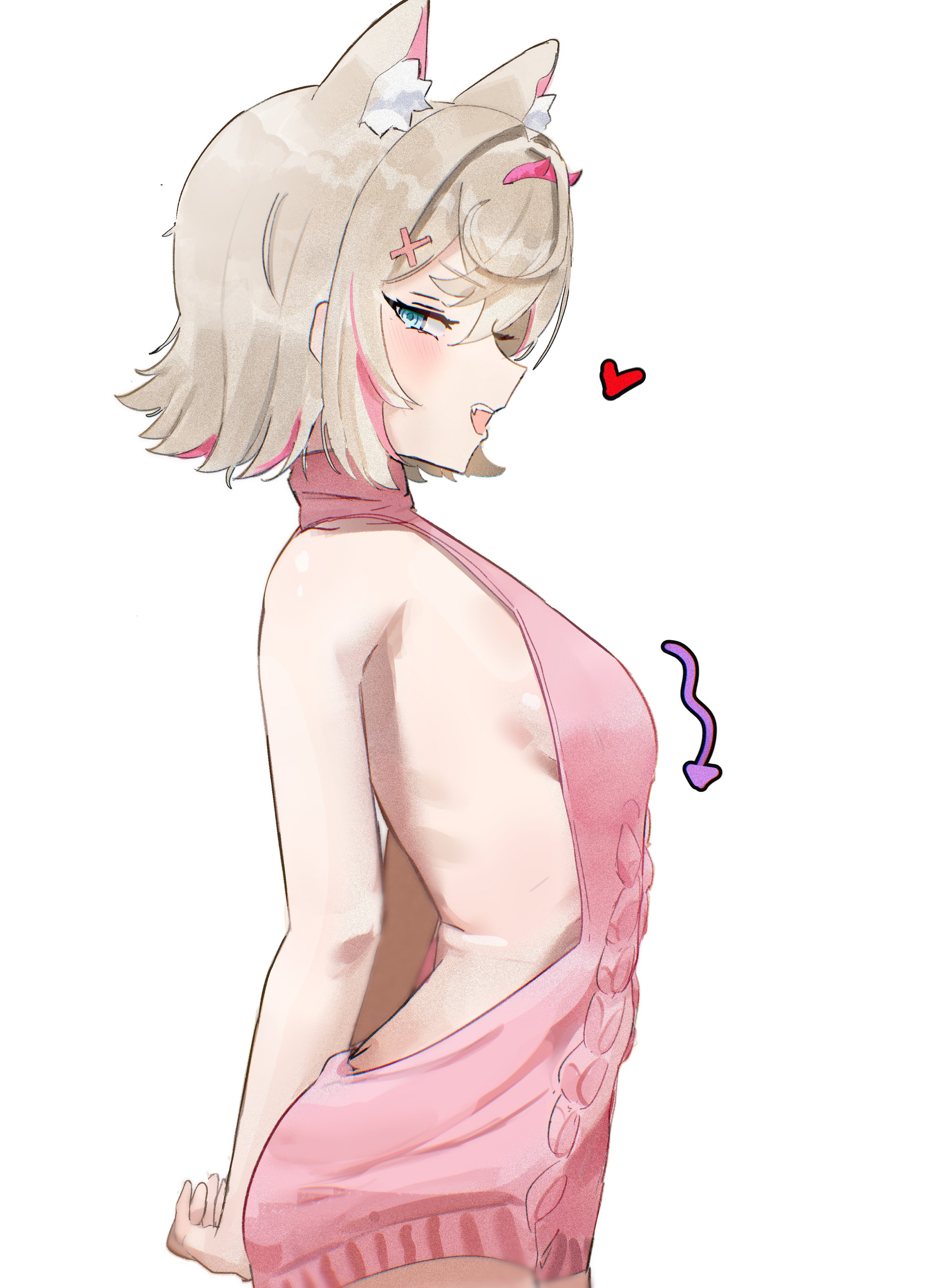 tomosakaaa, mococo abyssgard, hololive, hololive english, absurdres, commentary, english commentary, highres, 1girl, alternate costume, animal ears, blonde hair, blue eyes, breasts, dog ears, dog girl, hair ornament, heart, no tail, pink hair, pink sweater, short hair, sideboob, smile, solo, sweater, turtleneck, turtleneck sweater, virgin killer sweater, virtual youtuber, white background, x hair ornament