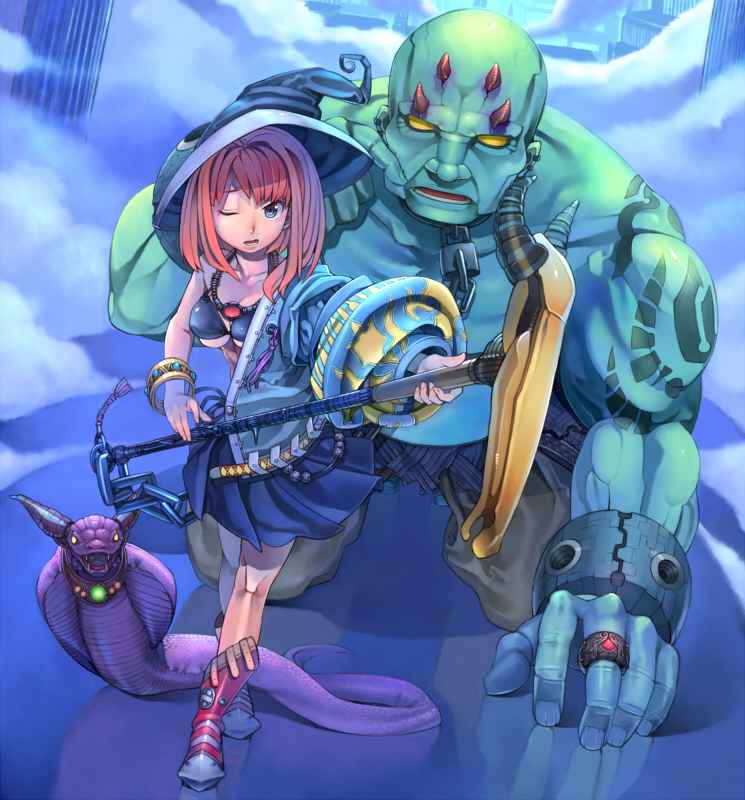 kurumayama, original, 1boy, 1girl, bikini, bikini top only, blue eyes, boots, bracelet, breasts, chain, collar, golem, hat, horns, jewelry, necklace, one eye closed, pink boots, red hair, ring, skirt, snake, staff, swimsuit, underboob, wink, witch hat