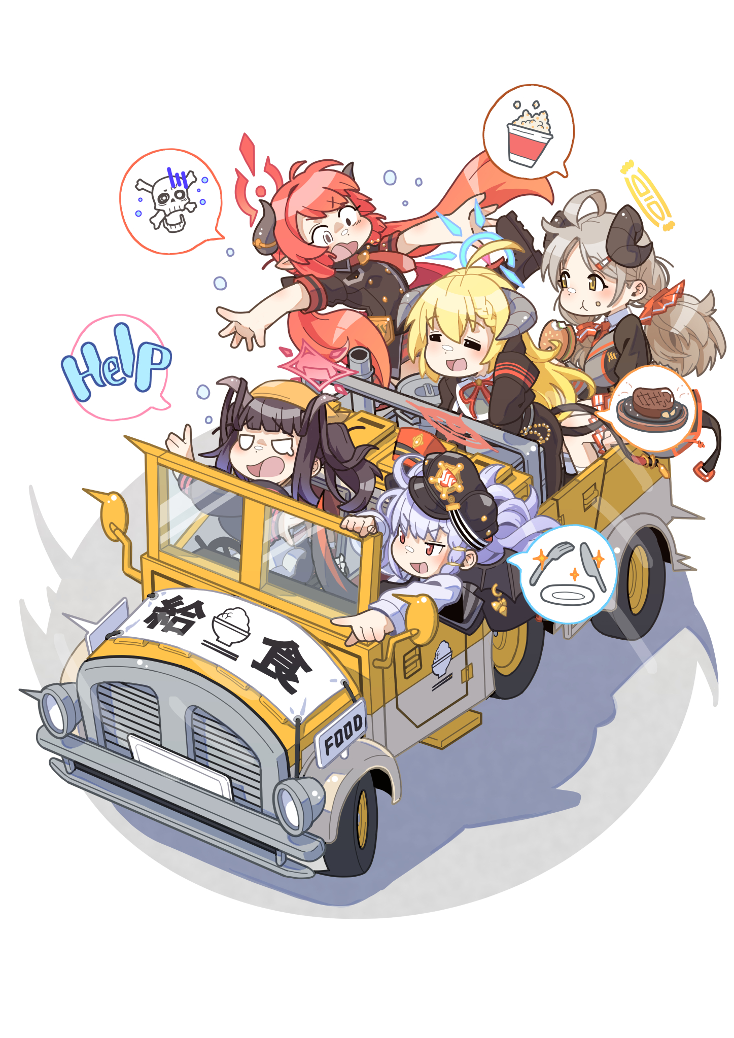 akaimame, akari (blue archive), fuuka (blue archive), haruna (blue archive), izumi (blue archive), junko (blue archive), blue archive, commentary request, highres, 5girls, demon girl, demon horns, english text, food, fork, gourmet research society (blue archive), halo, horns, knife, motor vehicle, multiple girls, plate, popcorn, speech bubble, steak, truck