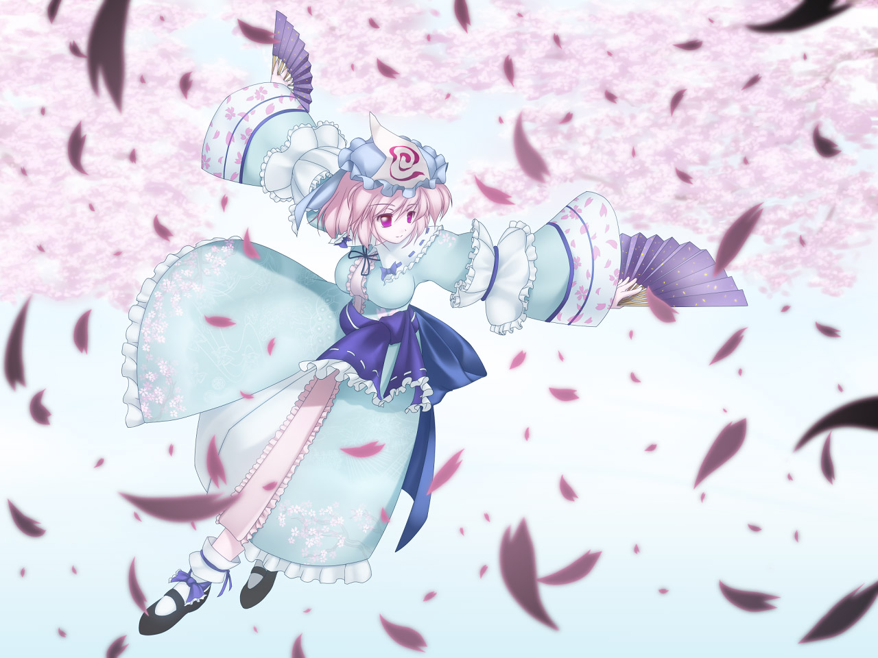 suematsu jerry, saigyouji yuyuko, touhou, 1girl, blunt bangs, bobby socks, feathers, female focus, full body, hat, japanese clothes, kimono, long sleeves, mob cap, pink eyes, pink hair, shoes, socks, solo, triangular headpiece, white socks