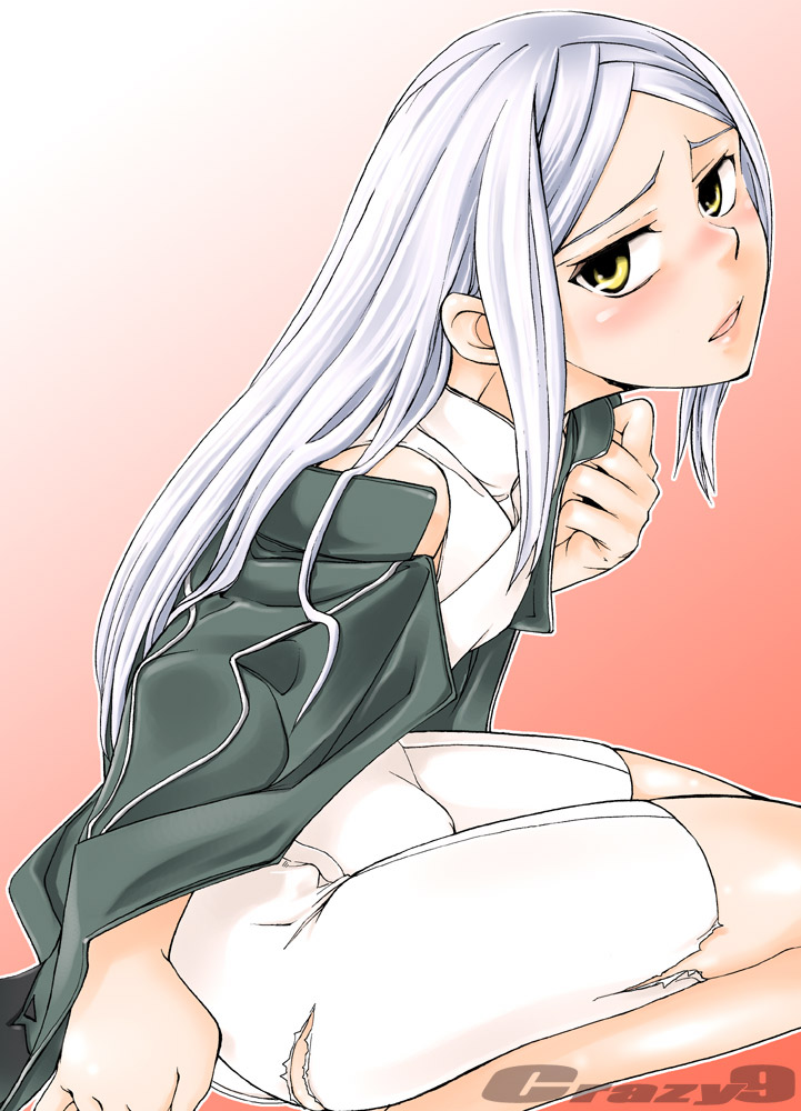 ichitaka, soma peries, gundam, gundam 00, silver hair, 00s, 1girl, cameltoe, female focus, gradient background, military, military uniform, solo, torn clothes, watermark, yellow eyes