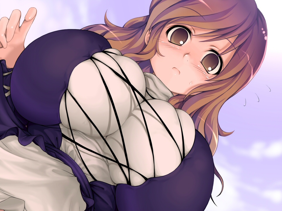 chabo (fuketsudan), hijiri byakuren, touhou, 1girl, breasts, brown eyes, brown hair, bursting breasts, female focus, from below, huge breasts, impossible clothes, impossible shirt, shirt, skindentation, solo