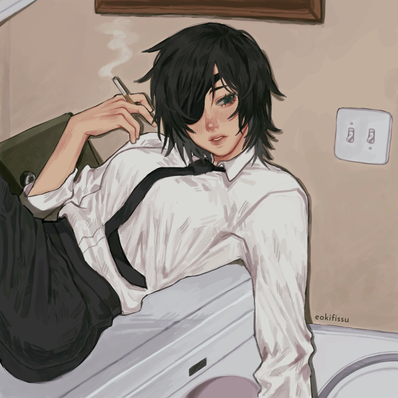 himeno (chainsaw man), chainsaw man, commentary, highres, symbol-only commentary, tagme, 1girl, artist name, cigarette, eokifissu, eyepatch, holding, holding cigarette, light switch, looking to the side, necktie, office lady, shirt, short hair, sitting, smoking, washing machine, white shirt