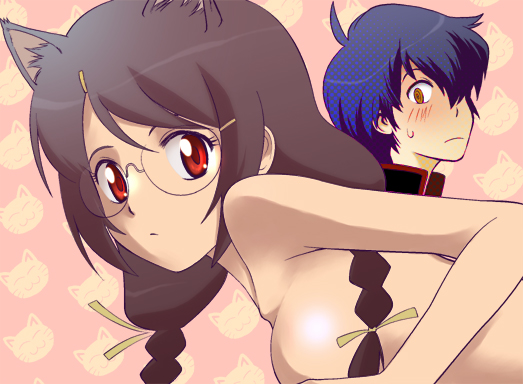 kikumaru bunta, araragi koyomi, hanekawa tsubasa, bakemonogatari, monogatari (series), nekomonogatari, alternate breast size, 00s, 10s, 1boy, 1girl, animal ears, breasts, brown hair, cat ears, glasses, red eyes