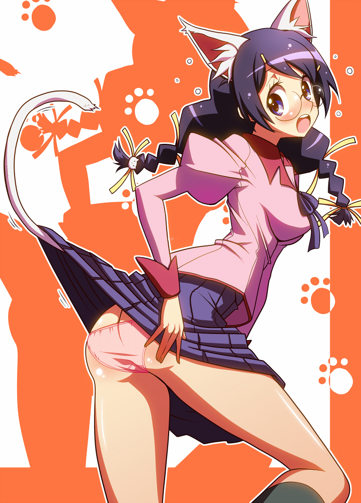 shirono, hanekawa tsubasa, bakemonogatari, monogatari (series), nekomonogatari, 00s, 10s, 1girl, accidental exposure, animal ears, ass, braid, butt crack, cat ears, cat tail, clothes lift, female focus, glasses, lifted by tail, long hair, open mouth, panties, purple hair, skirt, skirt lift, solo, surprised, tail, twin braids, underwear