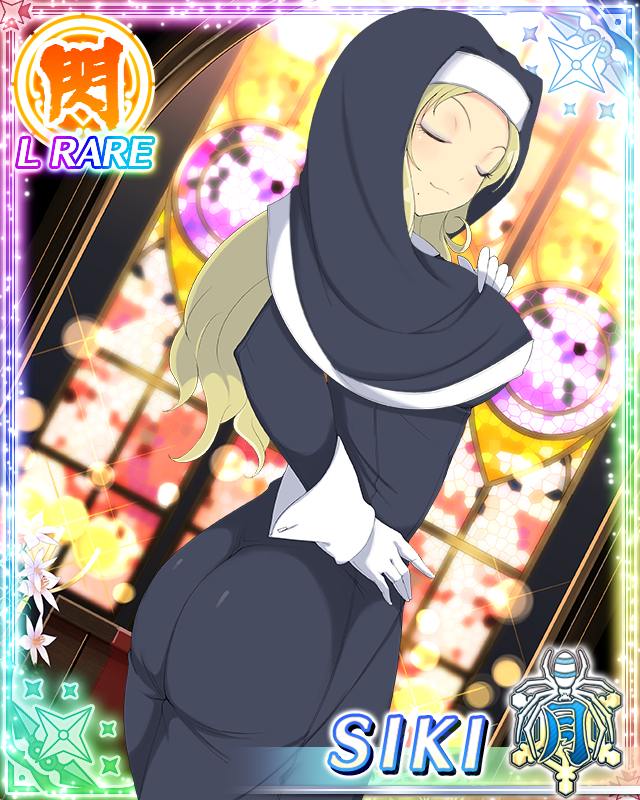 shiki (senran kagura), senran kagura, senran kagura new wave, game cg, official art, third-party source, 1girl, black dress, black veil, blonde hair, border, breasts, card (medium), character name, closed eyes, dress, facing viewer, from side, gloves, hand on own chest, hand on own hip, indoors, large breasts, long hair, middle part, mole, mole under mouth, nun, nun headdress, parted bangs, solo, stained glass, veil, white gloves, wrist cuffs