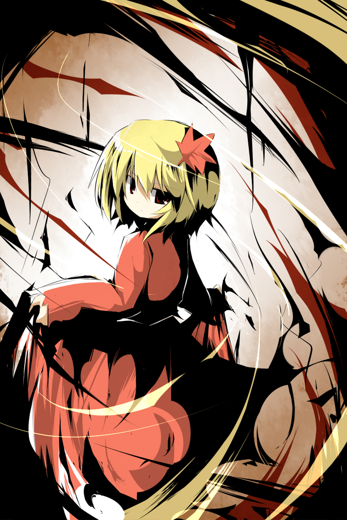 poppuru, aki shizuha, touhou, bad id, bad pixiv id, 1girl, blonde hair, dress, female focus, hair ornament, leaf, leaf hair ornament, maple leaf, red eyes, short hair, solo