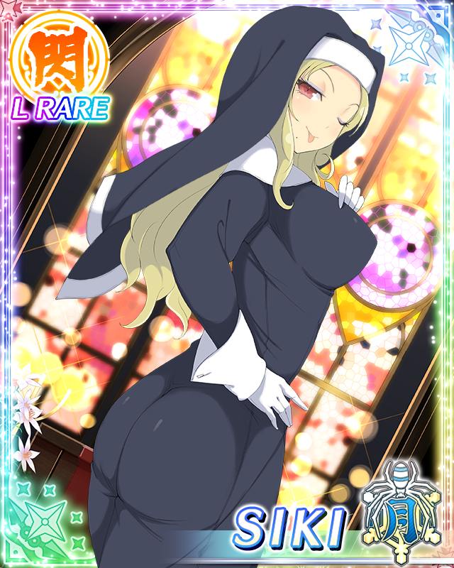 shiki (senran kagura), senran kagura, senran kagura new wave, game cg, official art, third-party source, 1girl, :p, black dress, black veil, blonde hair, border, breasts, card (medium), character name, dress, facing viewer, from side, gloves, hand on own chest, hand on own hip, indoors, large breasts, long hair, looking at viewer, middle part, mole, mole under mouth, nun, nun headdress, one eye closed, parted bangs, red eyes, solo, stained glass, tongue, tongue out, veil, white gloves, wrist cuffs