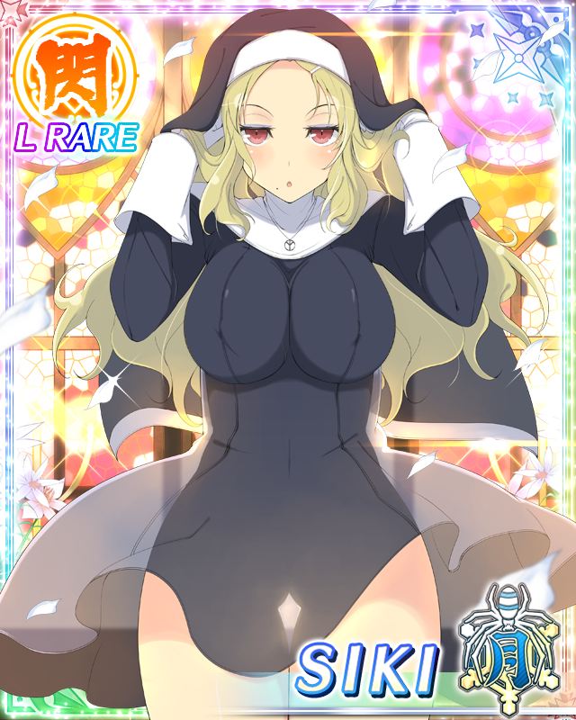shiki (senran kagura), senran kagura, senran kagura new wave, game cg, official art, third-party source, 1girl, :o, adjusting hair, arms up, black dress, black veil, blonde hair, blush, border, breasts, card (medium), character name, covered navel, dress, facing viewer, gloves, indoors, jewelry, large breasts, long hair, middle part, mole, mole under mouth, necklace, nun, nun headdress, parted bangs, red eyes, see-through silhouette, solo, stained glass, veil, white gloves, wind, wind lift, wrist cuffs