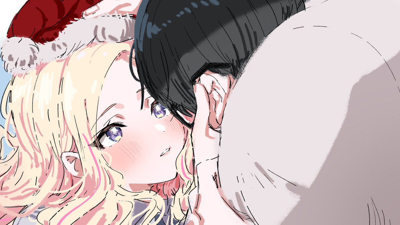 kasasagi (futagodori888), juo sena, producer (idolmaster), gakuen idolmaster, idolmaster, commentary request, 1boy, 1girl, black-framed eyewear, black hair, blonde hair, blush, facing another, fingernails, fur-trimmed headwear, fur trim, glasses, hat, hetero, long hair, multicolored hair, pink hair, purple eyes, red hat, santa hat, streaked hair, two-tone hair