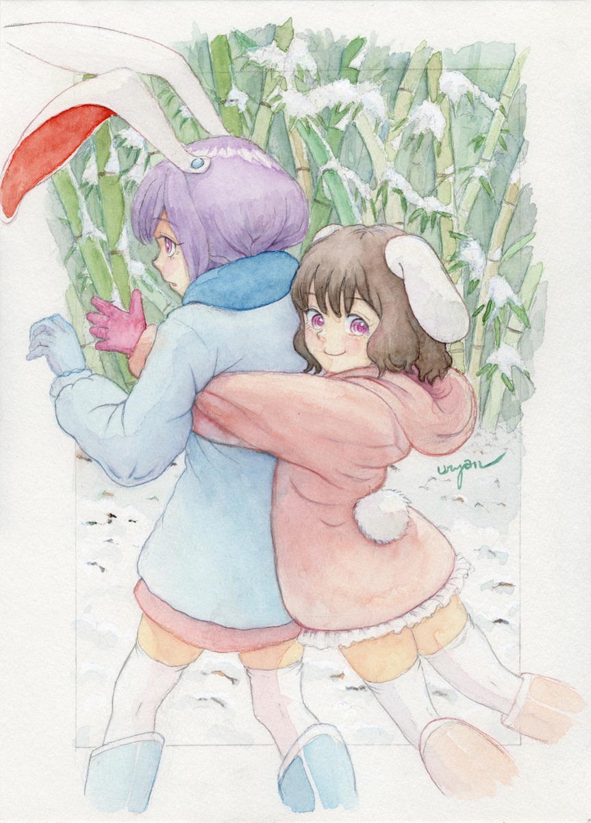 uryan!, inaba tewi, reisen udongein inaba, touhou, commentary request, highres, painting (medium), traditional media, watercolor (medium), 2girls, animal ears, bamboo, black hair, blue boots, blue coat, blue gloves, boots, border, coat, dated commentary, feet out of frame, floppy ears, gloves, hug, hug from behind, looking back, multiple girls, orange boots, pink coat, pink skirt, purple eyes, purple hair, rabbit ears, rabbit girl, rabbit tail, red gloves, short hair, sideways glance, signature, skirt, snow, tail, thighhighs, thighs, white border, white thighhighs, winter, winter clothes, zettai ryouiki