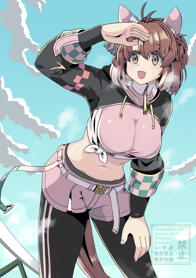 shinonome halltro, dantsu flame (center spotlight) (umamusume), dantsu flame (umamusume), umamusume, commentary request, 1girl, ahoge, animal ears, belt, black leggings, black shrug, blue sky, blush, bow, breasts, brown eyes, brown hair, checkered ribbon, cloud, ear covers, ear ribbon, hair between eyes, horse ears, horse girl, horse tail, large breasts, leggings, leggings under shorts, long sleeves, midriff, multicolored hair, navel, open mouth, outdoors, pink shirt, pink shorts, shirt, shorts, shrug (clothing), sky, smile, solo, sweat, tail, tied shirt, white belt, white hair, white shirt