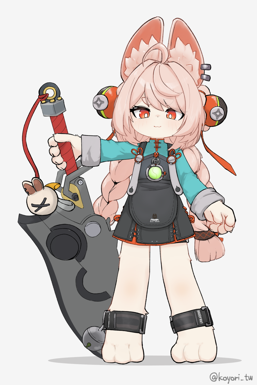 kamihine, zhao (zenless zone zero), zenless zone zero, commentary, highres, 1girl, animal ear fluff, animal ears, animal feet, braid, dated commentary, full body, holding, long hair, pink hair, red eyes, simple background, solo, twin braids, weapon