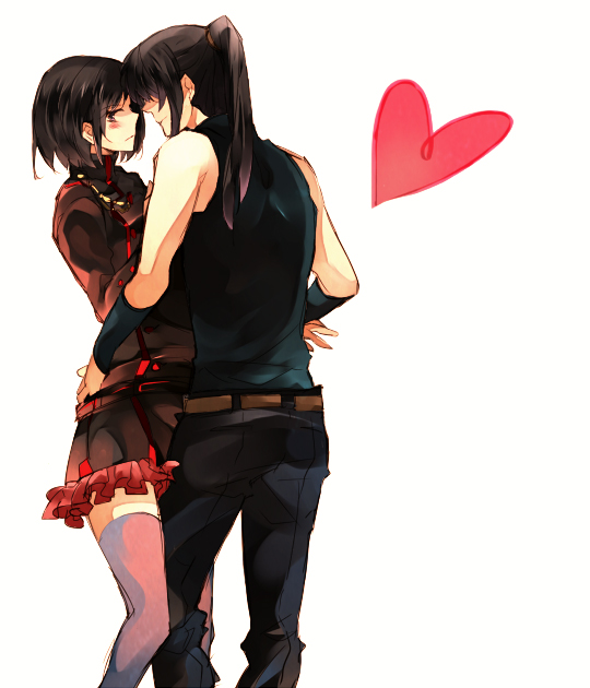 yone (kaguudou), kanda yuu, lenalee lee, d.gray-man, uniform, bad id, bad pixiv id, 00s, 1boy, 1girl, black hair, blush, couple, hetero, long hair, ponytail, short hair, skirt, thighhighs