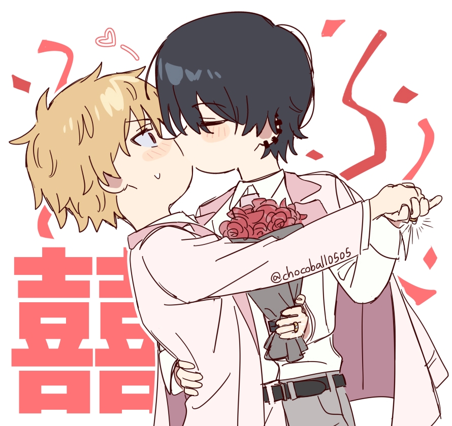 denji (chainsaw man), yoshida hirofumi, chainsaw man, commentary request, translation request, 2boys, belt, black belt, black hair, blonde hair, blush, bouquet, chocoball0505, closed eyes, ear piercing, flower, french kiss, gold ring, grey pants, hand on another's back, holding, holding bouquet, holding hands, husband and husband, jacket, jacket on shoulders, jewelry, kiss, male focus, multiple boys, necktie, pants, piercing, pink necktie, ring, shirt tucked in, short hair, twitter username, wedding ring, yaoi
