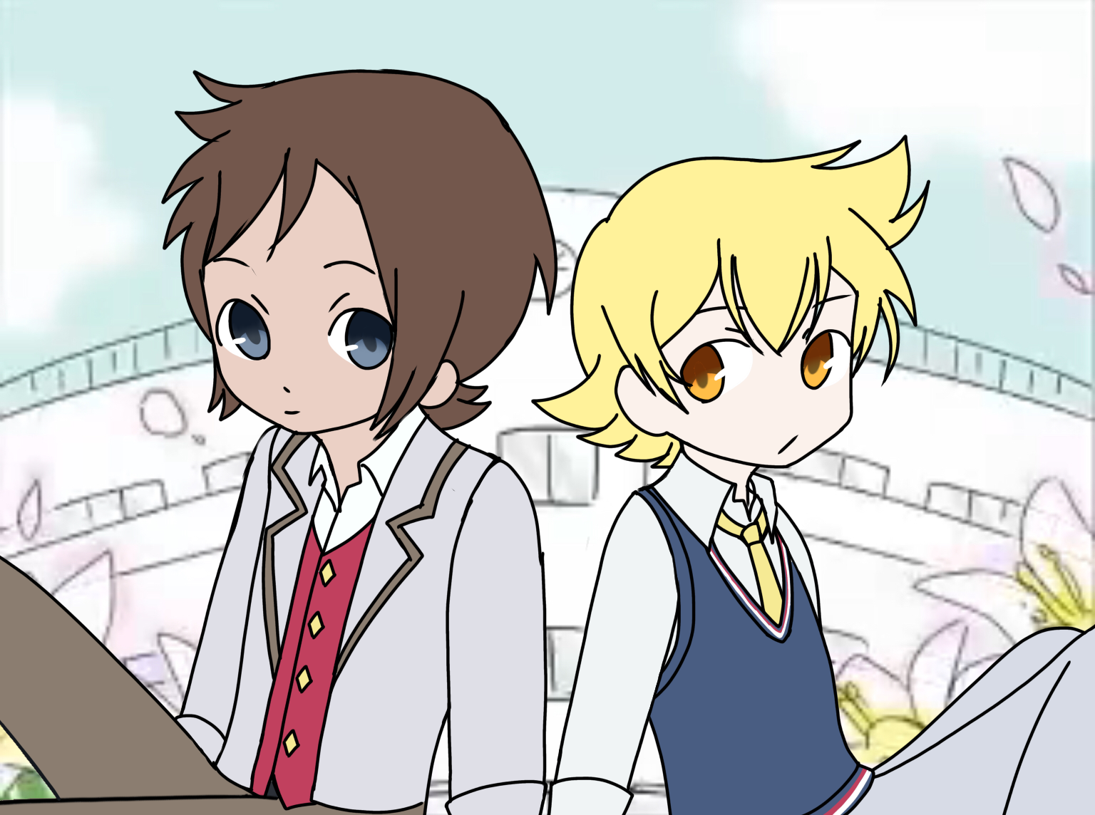 barry (pokemon), brendan (pokemon), nintendo, pokemon, pokemon masters ex, commentary, derivative work, english commentary, non-web source, screenshot redraw, blonde hair, brown hair, grey eyes, orange eyes, rare pair, school, school uniform, yaoi