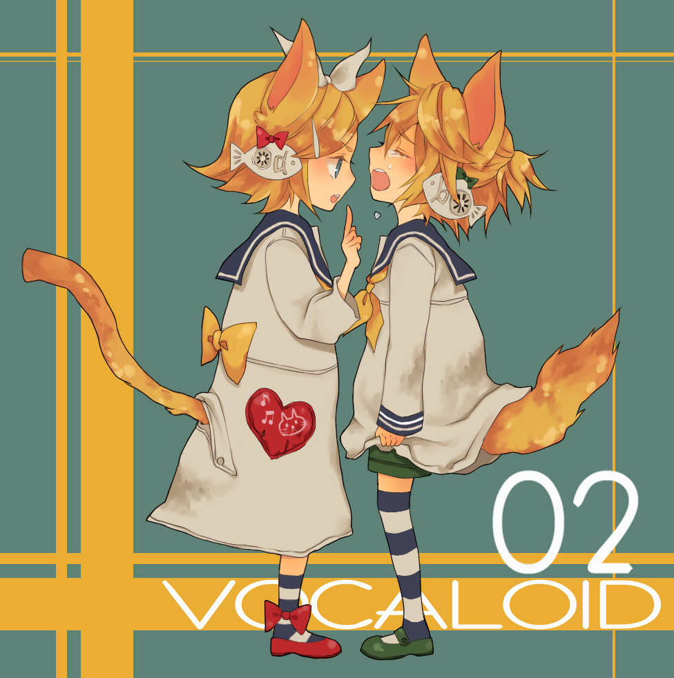 macco, kagamine len, kagamine rin, vocaloid, bad id, bad pixiv id, 1boy, 1girl, animal ears, blonde hair, blue eyes, bow, brother and sister, cat ears, cat tail, dress, hair bow, headphones, kneehighs, sailor dress, short hair, shorts, siblings, socks, striped clothes, striped socks, striped thighhighs, tail, tears, thighhighs, twins