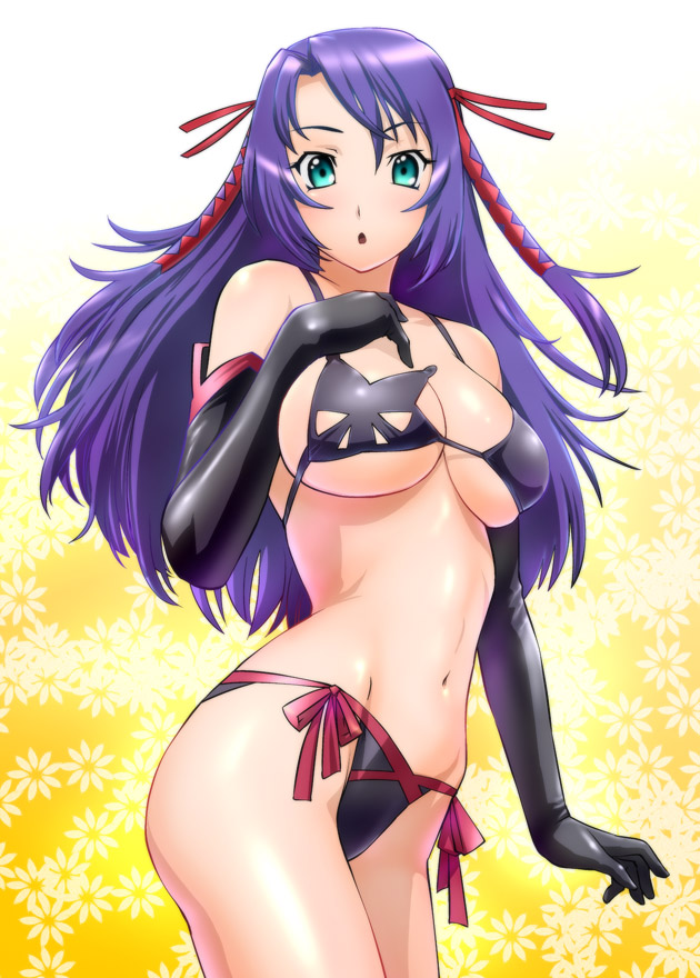 ueyama michirou, q-feuille, kiddy girl-and, kiddy grade, 00s, 1girl, bikini, black bikini, bow, elbow gloves, female focus, gloves, latex, latex gloves, long hair, navel, purple hair, side-tie bikini bottom, solo, swimsuit