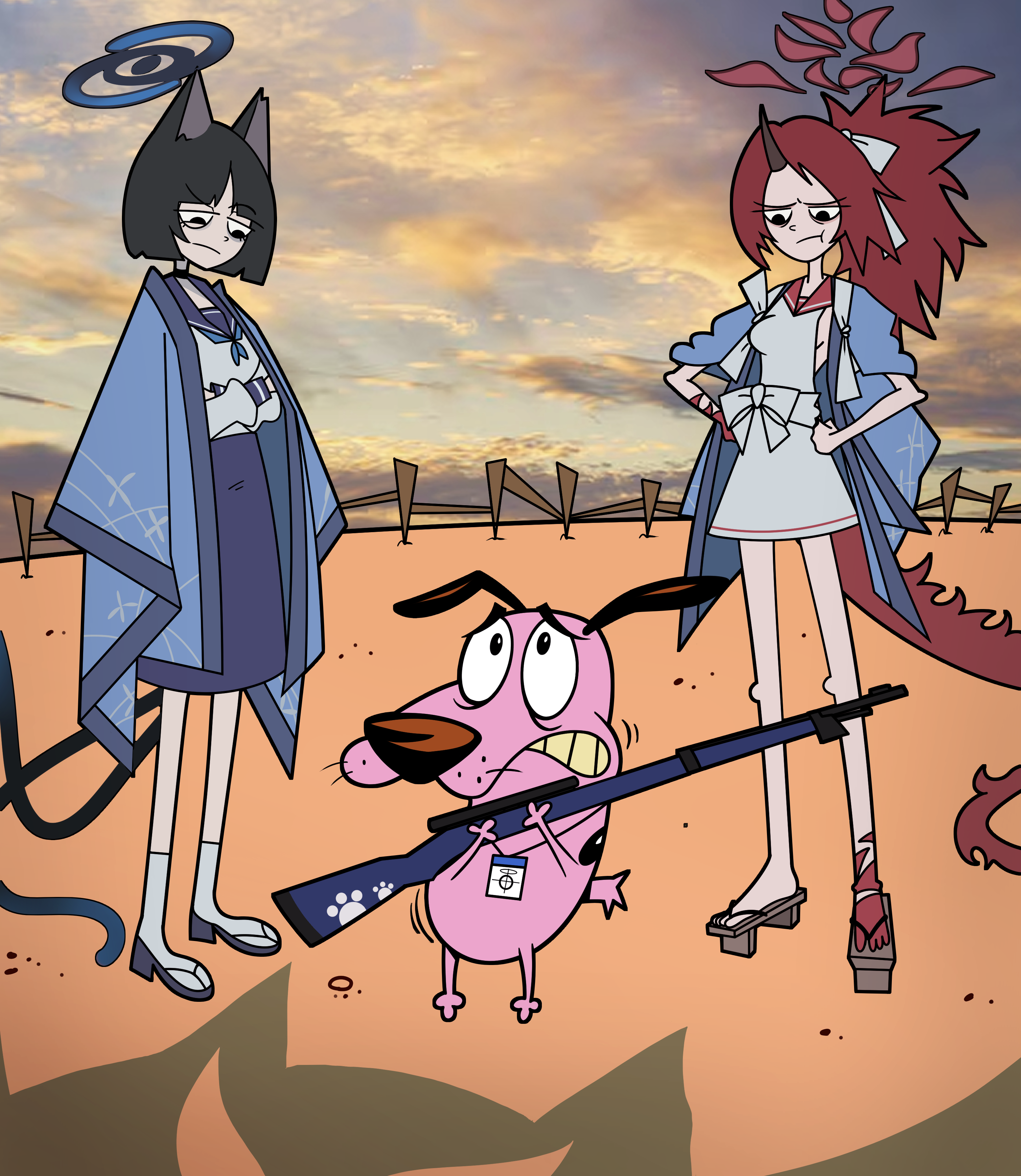 creammilk tea, courage (character), kikyou (blue archive), renge (blue archive), blue archive, courage the cowardly dog, absurdres, commentary request, highres, 2girls, animal ears, black eyes, black hair, blue halo, blunt bangs, blush, bolt action, breasts, cat ears, cat girl, cat tail, crossover, dog, dragon girl, dragon horns, dragon tail, eastern dragon horns, full body, geta, gun, halo, holding, holding gun, holding weapon, horns, lanyard, long hair, long sleeves, looking at another, multiple girls, multiple tails, nekomata, parted bangs, pleated skirt, ponytail, red eyes, red hair, sailor collar, sandals, school uniform, serafuku, short hair, sidelocks, single horn, skirt, tail, two tails, weapon