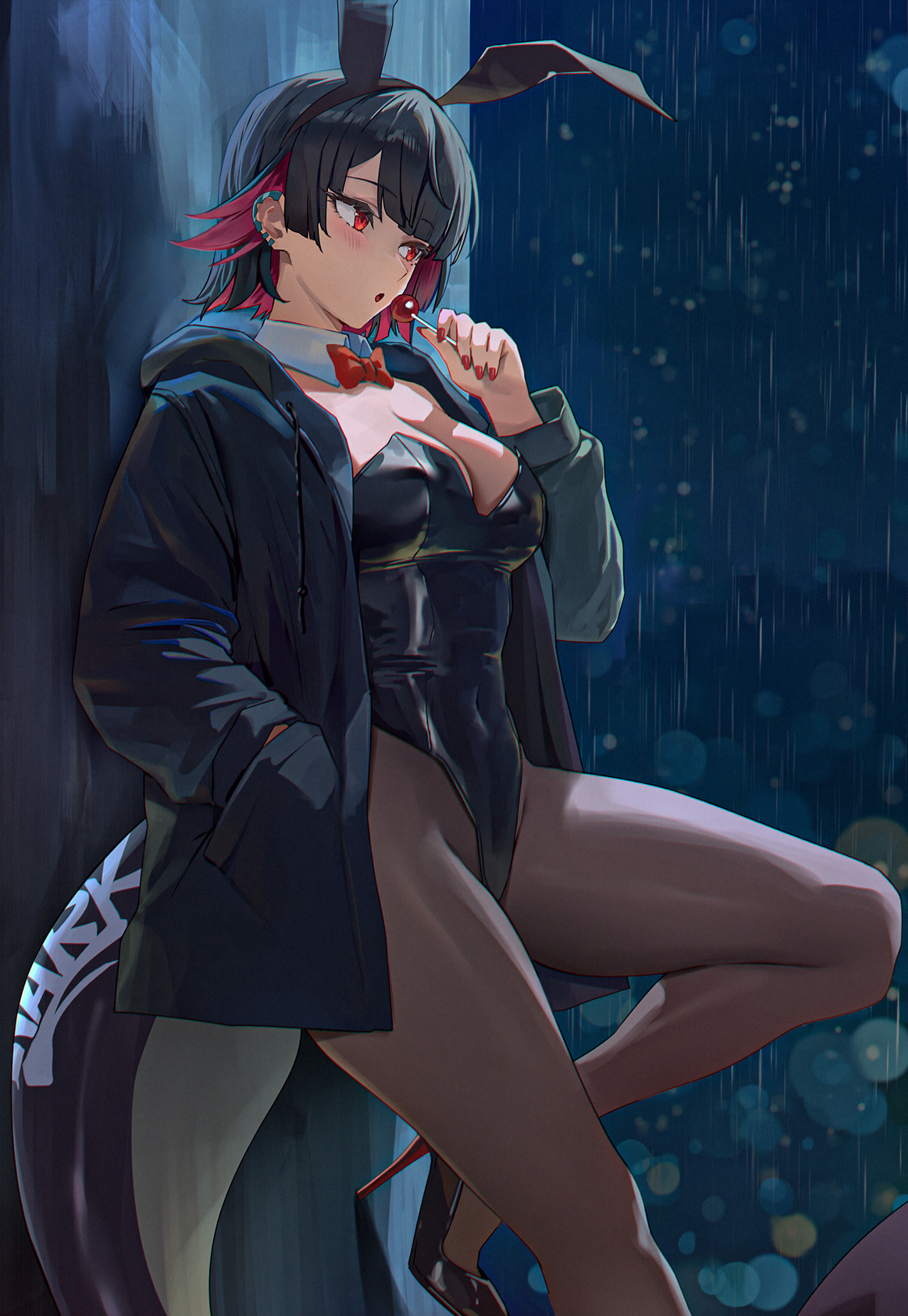 amiki yuzuru, ellen joe, zenless zone zero, commentary, english commentary, highres, 1girl, animal ears, black hair, black jacket, black leotard, black pantyhose, blush, bow, bowtie, breasts, candy, cleavage, colored inner hair, covered navel, detached collar, ear piercing, fake animal ears, fins, fish tail, food, hand in pocket, high heels, highleg, highleg leotard, holding, holding candy, holding food, holding lollipop, hood, hood down, hooded jacket, jacket, leotard, lollipop, medium breasts, multicolored hair, open clothes, open jacket, pantyhose, piercing, playboy bunny, rain, red bow, red bowtie, red eyes, red hair, shark girl, shark tail, short hair, solo, tail, thick thighs, thighs