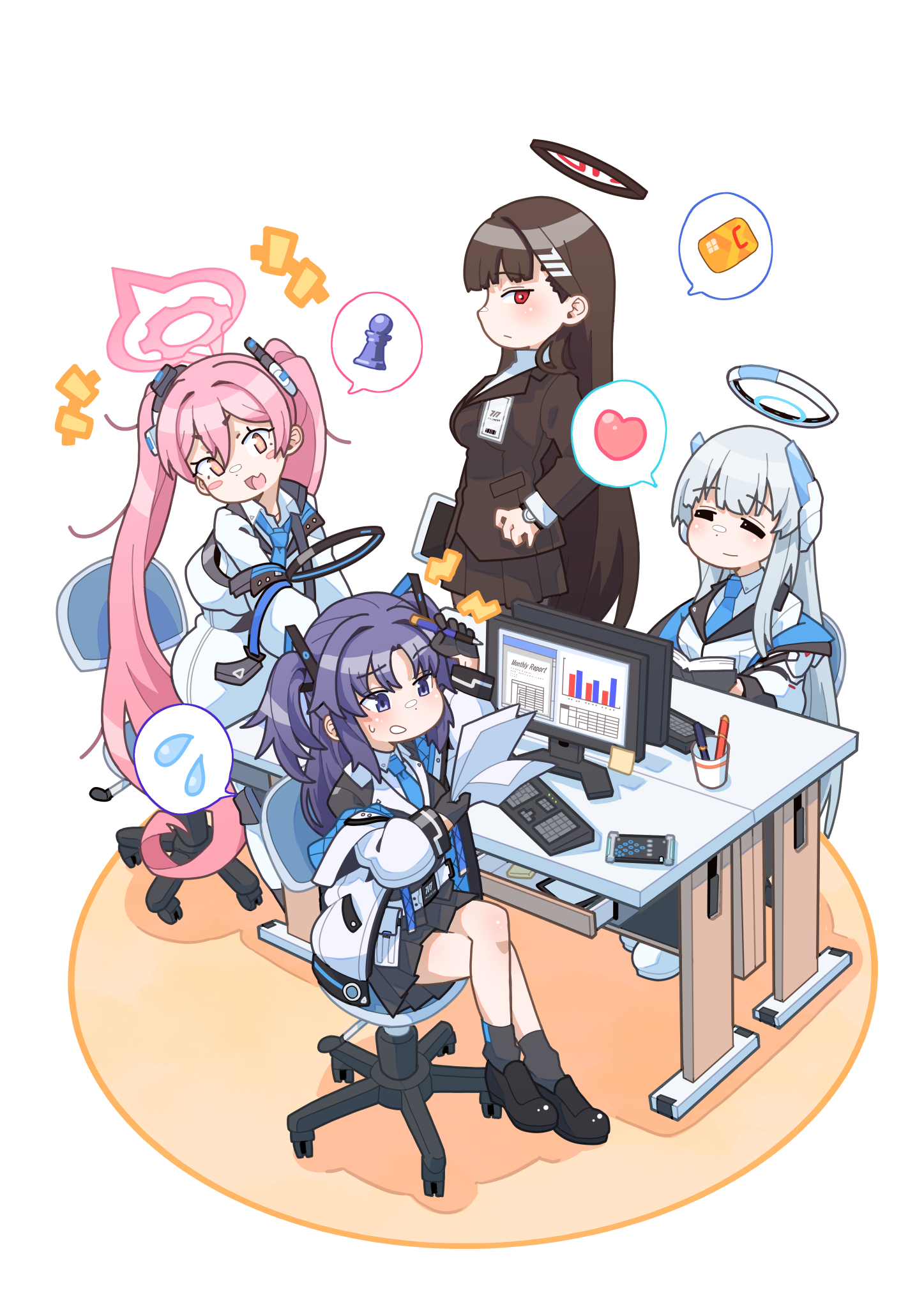 akaimame, koyuki (blue archive), noa (blue archive), rio (blue archive), yuuka (blue archive), blue archive, commentary request, highres, 4girls, calculator, chair, chess piece, computer keyboard, credit card, halo, heart, holding, holding paper, holding tablet pc, long hair, medium hair, monitor, multiple girls, office chair, paper, paper stack, seminar (blue archive), speech bubble, sweatdrop, swivel chair, tablet pc