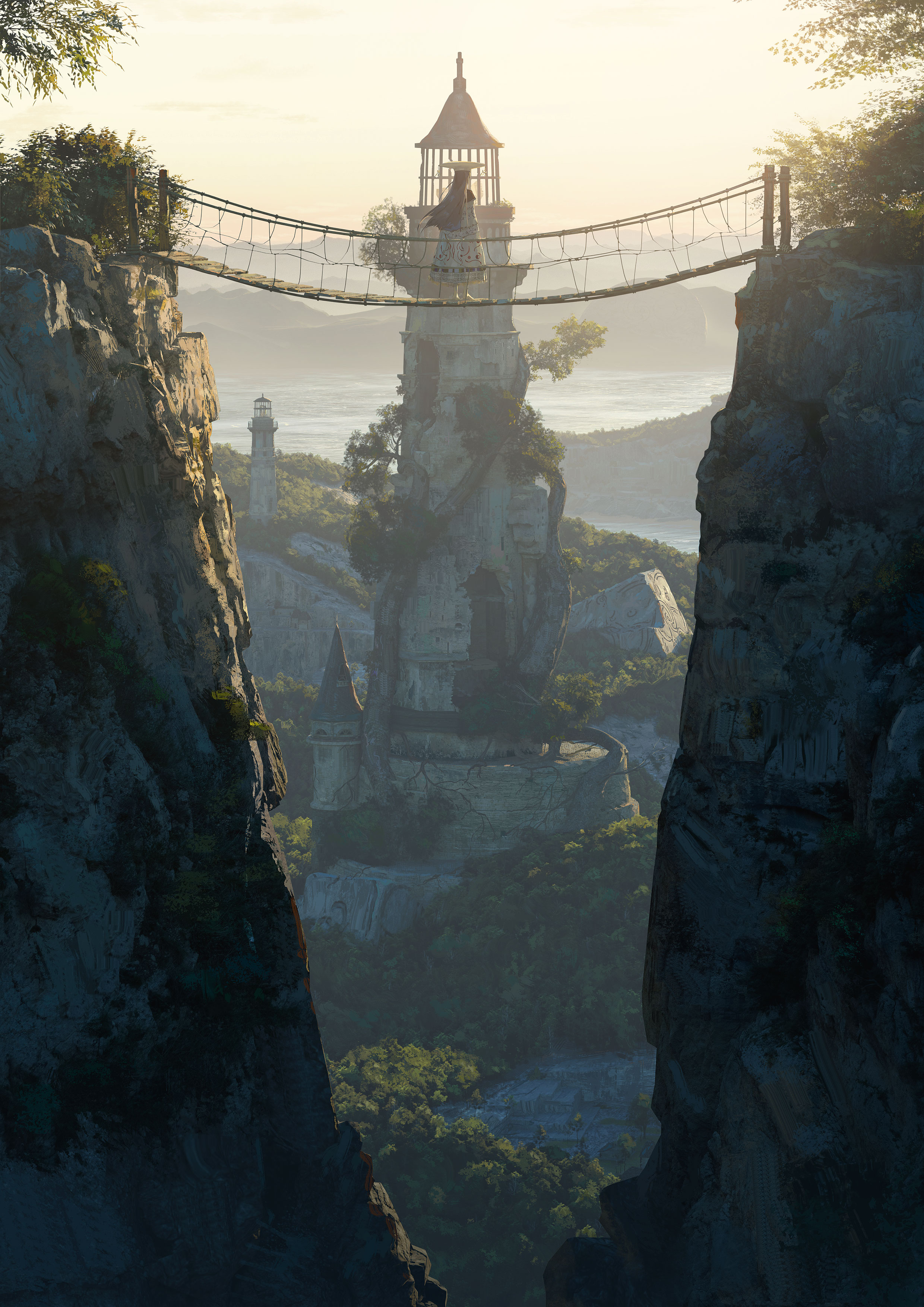 gyoukan (jfxc), original, absurdres, commentary request, highres, 1girl, bridge, from behind, hat, long hair, outdoors, rope bridge, scenery, sky, solo, standing, straight hair, tower, tree