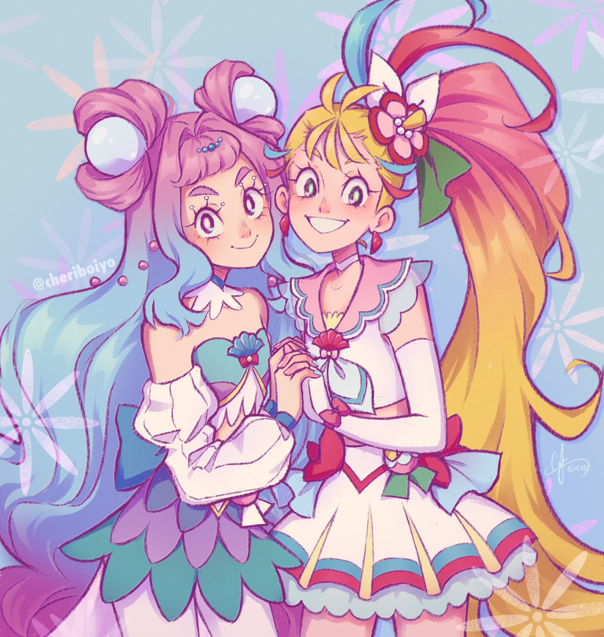 cheriboiyo, cure la mer, cure summer, laura la mer, natsuumi manatsu, precure, tropical-rouge! precure, commentary, english commentary, highres, procreate (medium), 2girls, antenna hair, black eyes, blonde hair, blue background, blue collar, blue hair, blue neckerchief, blue trim, bow, bright pupils, choker, clam shell ornament, collar, detached collar, detached sleeves, double-parted bangs, double bun, dress bow, earrings, flat chest, flower, frilled collar, frilled sailor collar, frills, frog eye headwear, gloves, hair bun, hair flower, hair ornament, hair pulled back, hair ribbon, hibiscus, holding hands, jewelry, juliet sleeves, layered skirt, long eyelashes, long sleeves, magical girl, multicolored hair, multicolored skirt, multiple girls, neckerchief, pantyhose, pearl hair ornament, petticoat, pink hair, pink ribbon, pink sailor collar, pleated skirt, puffy sleeves, ribbon, sailor collar, school uniform, see-through clothes, see-through sleeves, serafuku, shirt, short bangs, sidelocks, simple background, skirt, sleeveless, sleeveless shirt, smile, swept bangs, thick eyebrows, triangle earrings, two-tone hair, two side up, white choker, white gloves, white pantyhose, white pupils, white ribbon, white skirt, wispy bangs, wrist ribbon