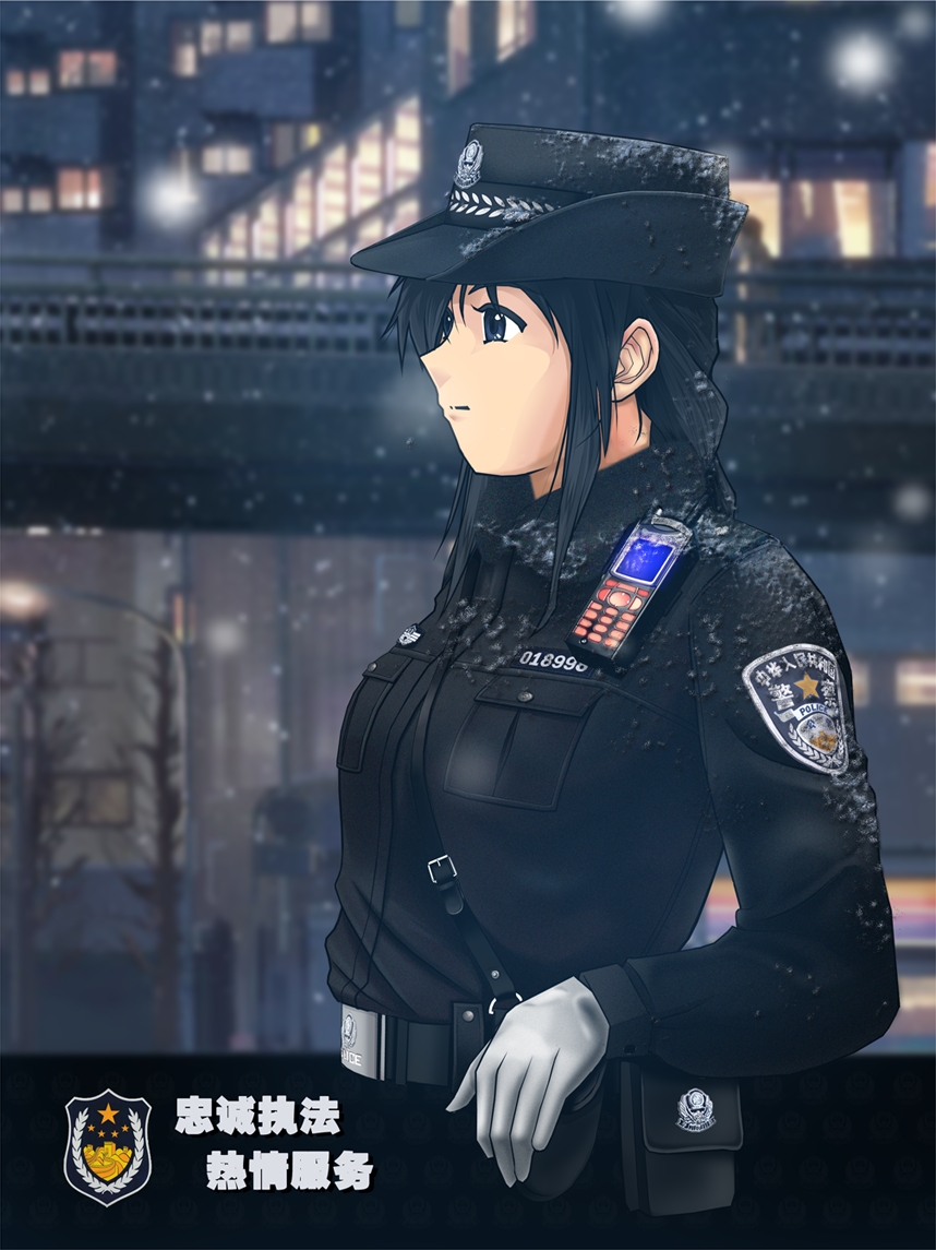 alex (bassner), kobayakawa miyuki, taiho shichauzo, black hair, blue eyes, breath, gloves, photo background, police, police uniform, policewoman, snow, solo, white gloves