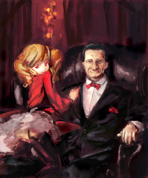 bekotoru, vector (artist), beelzebub (umineko), gouda toshirou, stakes of purgatory, 07th expansion, no naku koro ni (series), umineko no naku koro ni, 00s, 1boy, 1girl, black hair, blonde hair, bow, bowtie, chair, formal clothes, pimp, red eyes, sitting, suit, thighhighs, traditional bowtie, twintails