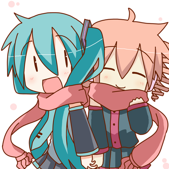 minami (colorful palette), chibi miku, hatsune miku, kasane teto, kasane teto (utau), utau, vocaloid, 2girls, :d, chibi, crossover, drill hair, holding hands, multiple girls, open mouth, red scarf, scarf, shared clothes, shared scarf, smile, twin drills, twintails, | |