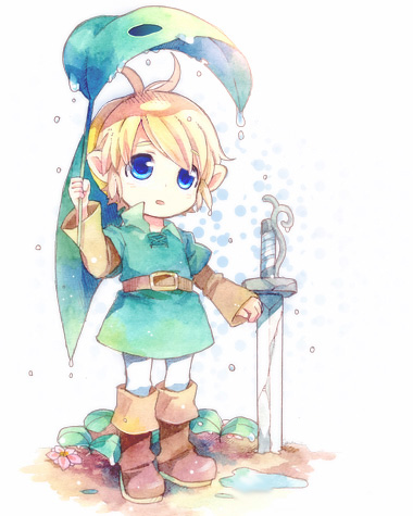 link, nintendo, the legend of zelda, lowres, 1boy, blonde hair, blue eyes, boots, brown boots, elf, full body, green hat, hat, leaf umbrella, male focus, pointy ears, rain, solo, standing, sword, water drop, weapon