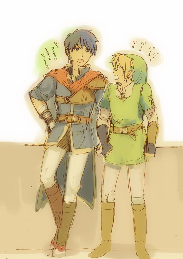 ike (fire emblem), link, fire emblem, fire emblem: path of radiance, nintendo, super smash bros., the legend of zelda, bad id, bad pixiv id, translation request, 2boys, arguing, blonde hair, blue eyes, blue hair, cape, gloves, hand on own hip, hat, headband, hip focus, male focus, multiple boys, pointy ears