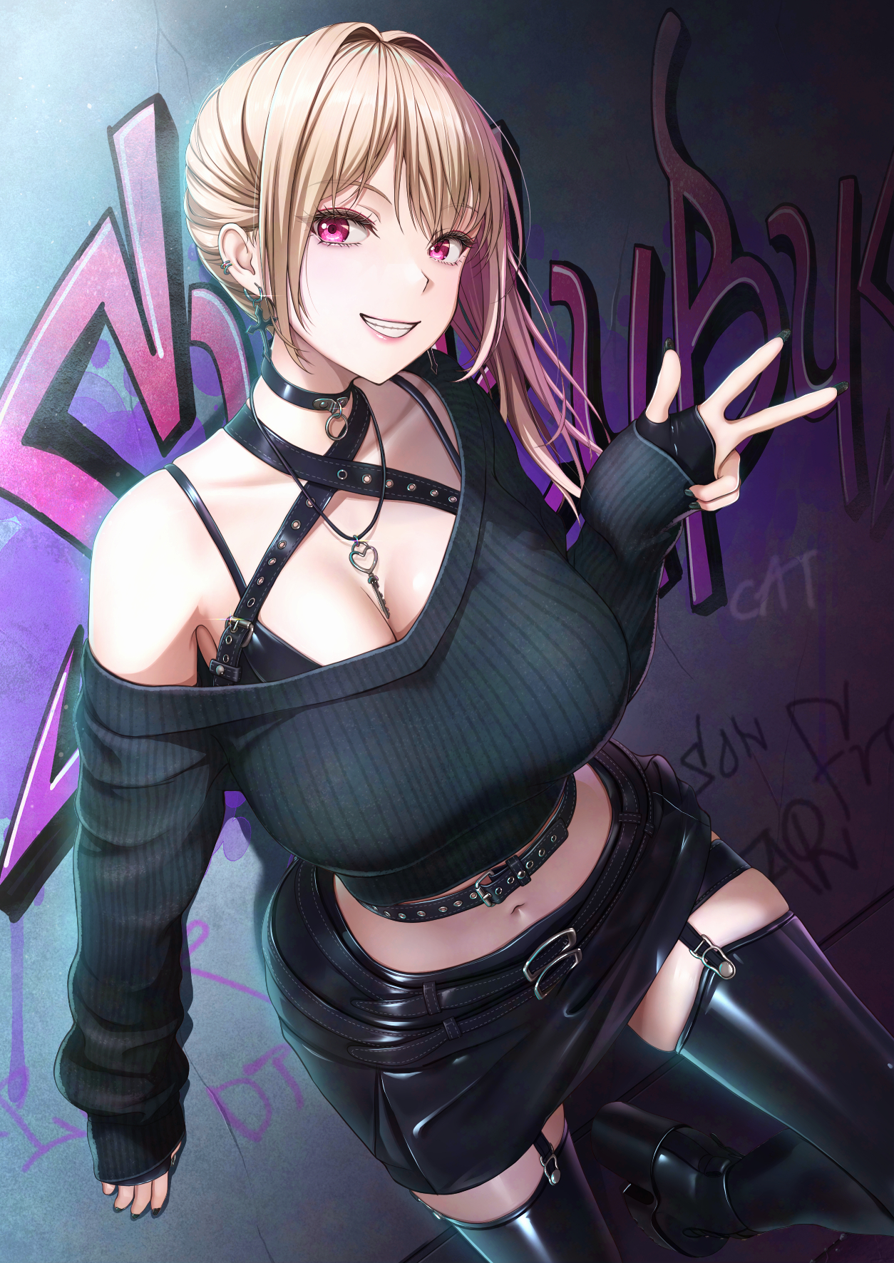 tai (2vs), original, commentary request, highres, 1girl, belt, black belt, black boots, black bra, black choker, black collar, black gloves, black nails, black skirt, black sweater, black thighhighs, blonde hair, bondage outfit, boots, bra, breasts, chest harness, choker, cleavage, collar, crop top, cross, cross earrings, ear piercing, earrings, feet out of frame, fingerless gloves, garter straps, gloves, graffiti, hand up, harness, jewelry, key, key necklace, latex, latex bra, latex gloves, latex skirt, latex thighhighs, leather, leather belt, leather body harness, leather bra, leather gloves, leather skirt, leather strap, long hair, looking at viewer, medium breasts, nail polish, navel, necklace, one side up, open mouth, parted lips, pencil skirt, piercing, purple eyes, single bare shoulder, skirt, smile, solo, standing, standing on one leg, sweater, teeth, thighhighs, thighs, underwear, v