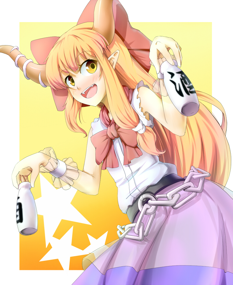 nishiuri, ibuki suika, touhou, bad id, bad pixiv id, 1girl, chain, female focus, gourd, gradient background, horns, long hair, orange hair, pointy ears, pointy hair, ribbon, solo, standing, yellow eyes