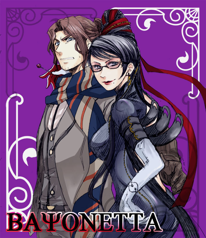 bayonetta, luka redgrave, bayonetta (series), 1boy, 1girl, arm around shoulder, black hair, blue eyes, bodysuit, brown hair, candy, couple, earrings, food, glasses, hair bun, jewelry, lollipop, long hair, mole, mole under mouth, red ribbon, ribbon, scarf, short hair, single hair bun, skin tight, smile, very long hair