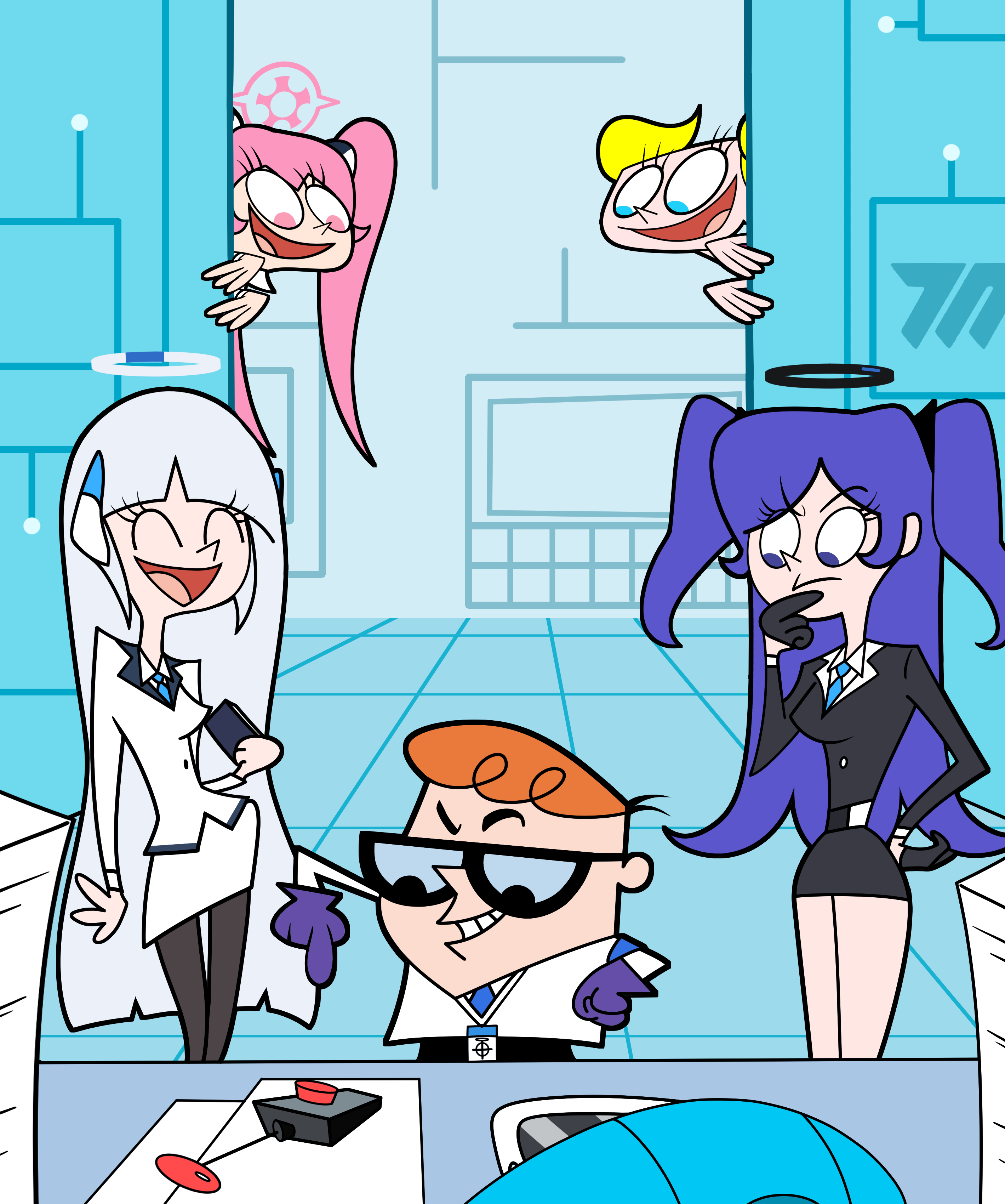 creammilk tea, dee dee, dexter (dexter's laboratory), koyuki (blue archive), noa (blue archive), yuuka (blue archive), blue archive, dexter's laboratory, absurdres, commentary request, highres, 1boy, 4girls, ^ ^, armband, belt, black belt, black gloves, black halo, black jacket, black pantyhose, black skirt, blazer, blonde hair, blue armband, blue eyes, blue necktie, blunt bangs, closed eyes, controller, crossover, finger to own chin, gear halo, genndy tartakovsky (style), glasses, gloves, grin, halo, hand on own hip, height difference, holding, holding notebook, id card, indoors, jacket, lab coat, laboratory, lanyard, long hair, long sleeves, looking at another, millennium science school logo, multiple girls, necktie, notebook, orange hair, pantyhose, parody, parted bangs, peeking out, pink eyes, pink hair, pink halo, purple eyes, purple gloves, purple hair, push-button, remote control, schale logo, school uniform, sidelocks, skirt, smile, style parody, v-shaped eyebrows, white hair, white halo, white jacket, white skirt