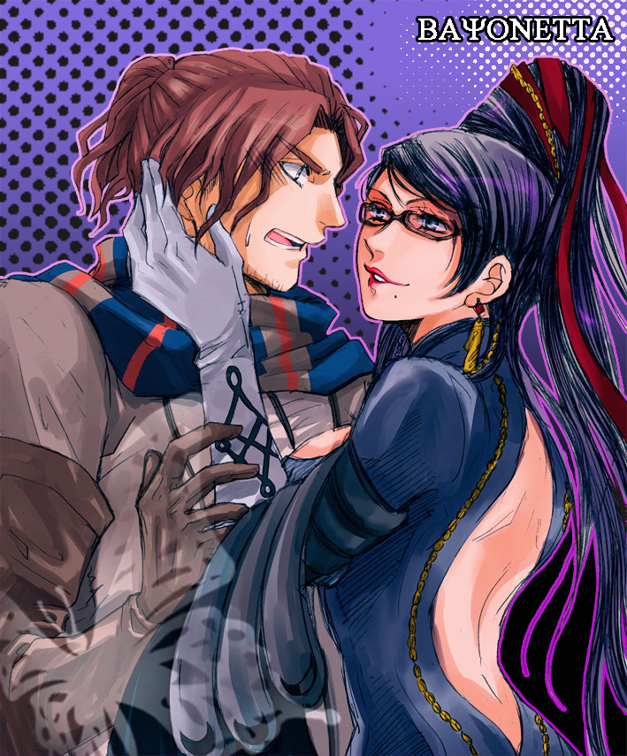 bayonetta, luka redgrave, bayonetta (series), 1boy, 1girl, bare back, black hair, blue eyes, bodysuit, brown hair, couple, earrings, glasses, hair bun, jewelry, long hair, mole, red ribbon, ribbon, scarf, short hair, single hair bun, very long hair