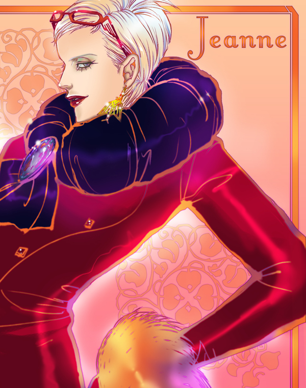 sana (pixiv25203), bayonetta, jeanne (bayonetta), bayonetta (series), 1girl, blue eyes, earrings, eyeshadow, female focus, glasses, jewelry, makeup, short hair, solo, white hair