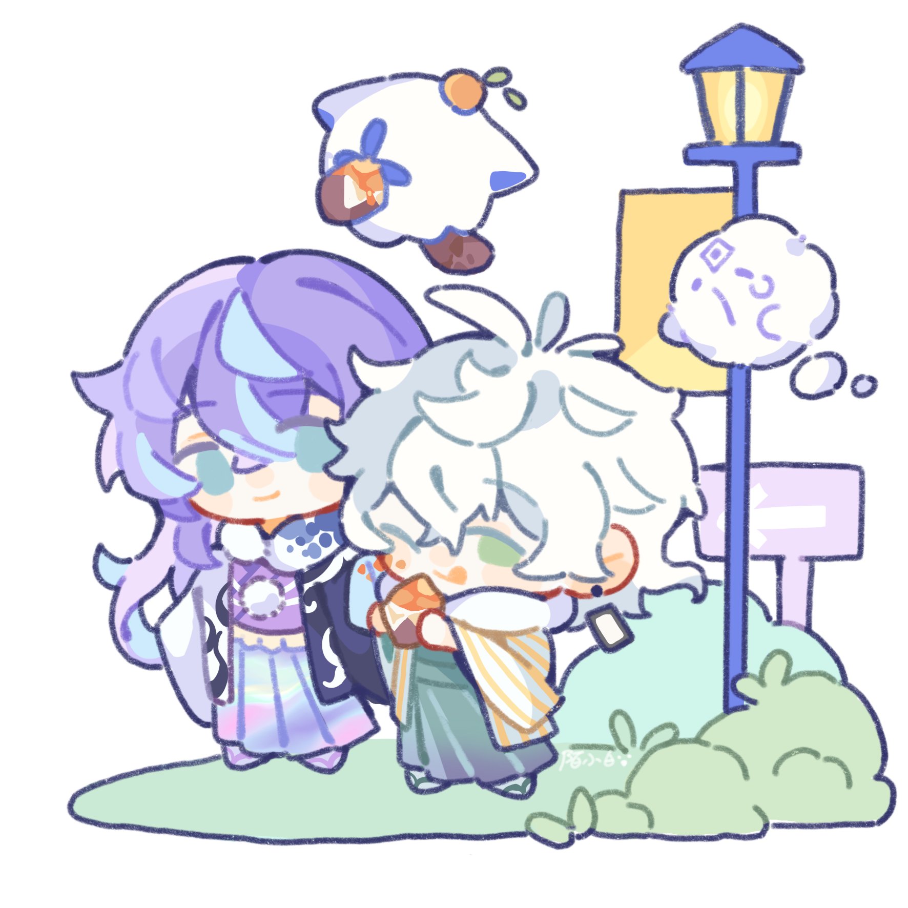 shuxingbuming moxiaobai, hoshirube sho, murakumo kagetsu, otomo (hoshirube sho), watakumo (murakumo kagetsu), nijisanji, highres, 2boys, ;q, alternate costume, artist name, blue hair, blush, bush, chibi, cloud, earrings, ghost, grass, green eyes, green kimono, hanafuda earrings, iridescent clothes, japanese clothes, jewelry, kimono, long hair, looking at another, male focus, multicolored hair, multiple boys, one eye closed, overskirt, purple hair, short hair, smile, streaked hair, tongue, tongue out, virtual youtuber, white hair