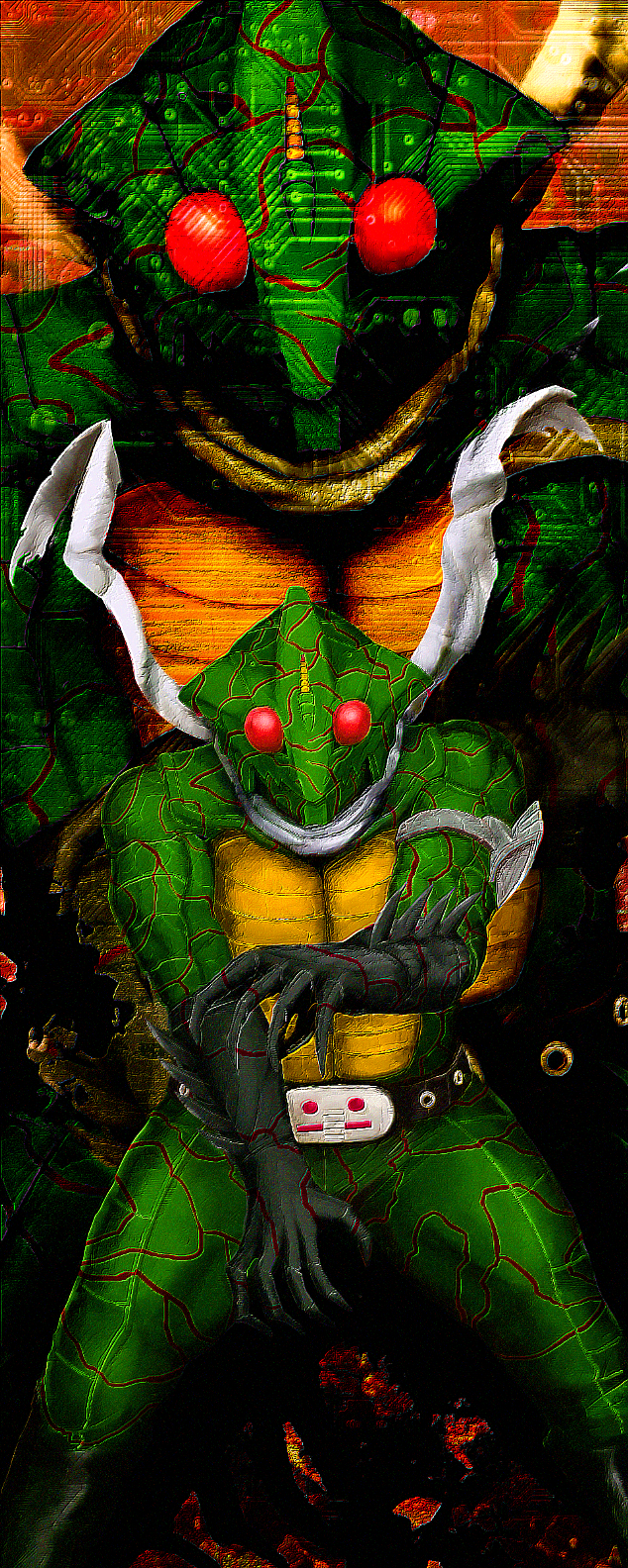 mitukitakezou, kamen rider amazon, kamen rider, kamen rider amazon (series), bad id, bad pixiv id, highres, belt, male focus, monster, scarf, solo