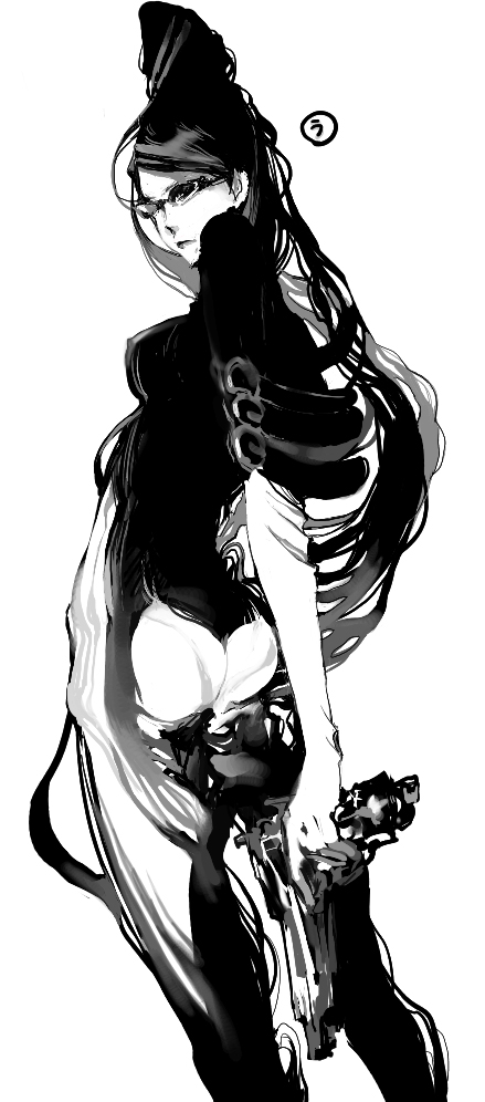 isuzu (uzusi), bayonetta, bayonetta (series), 1girl, ass, black hair, bodysuit, female focus, glasses, hair bun, long hair, looking back, monochrome, simple background, single hair bun, solo, very long hair