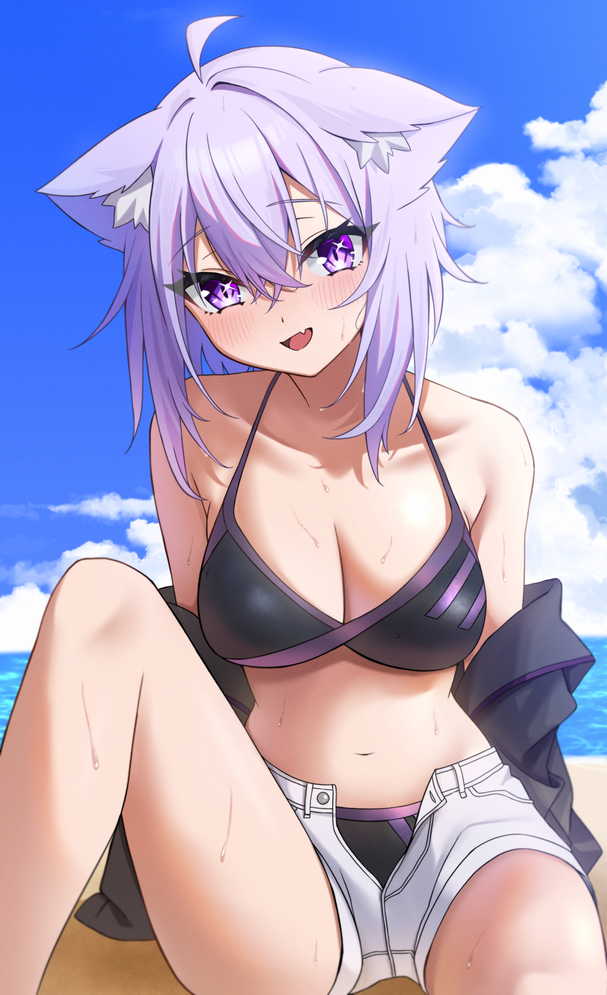 tenpa illust, nekomata okayu, hololive, commentary request, highres, 1girl, animal ears, bikini, bikini bottom under shorts, bikini under clothes, black bikini, black jacket, blush, breasts, cat ears, cat girl, cleavage, collarbone, feet out of frame, jacket, looking at viewer, medium breasts, navel, open clothes, open jacket, open mouth, purple eyes, purple hair, short shorts, shorts, sitting, smile, solo, stomach, swimsuit, virtual youtuber, white shorts