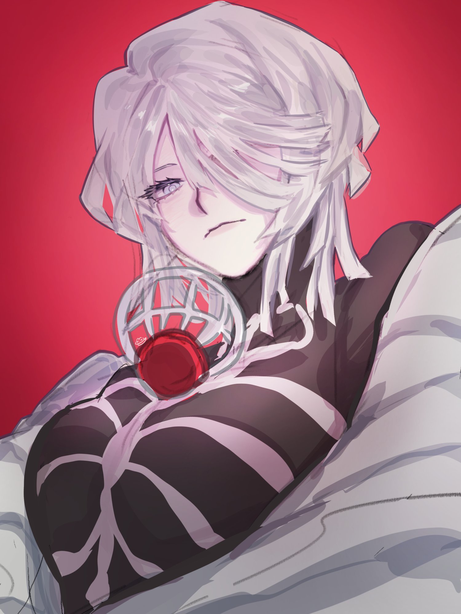 faust (project moon), limbus company, project moon, commentary request, highres, korean commentary, 1girl, blue eyes, breasts, closed mouth, e.g.o (project moon), eyelashes, hagi0855, hair over one eye, large breasts, looking at viewer, medium hair, pink lips, red background, solo, thoracalgia (e.g.o), upper body, white hair