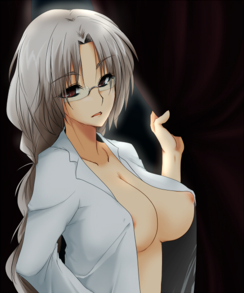 ifuji sakura, yagokoro eirin, touhou, silver hair, 1girl, areola slip, bespectacled, braid, breasts, female focus, glasses, large breasts, long hair, nipple slip, nipples, no bra, open clothes, open shirt, red eyes, shirt, solo