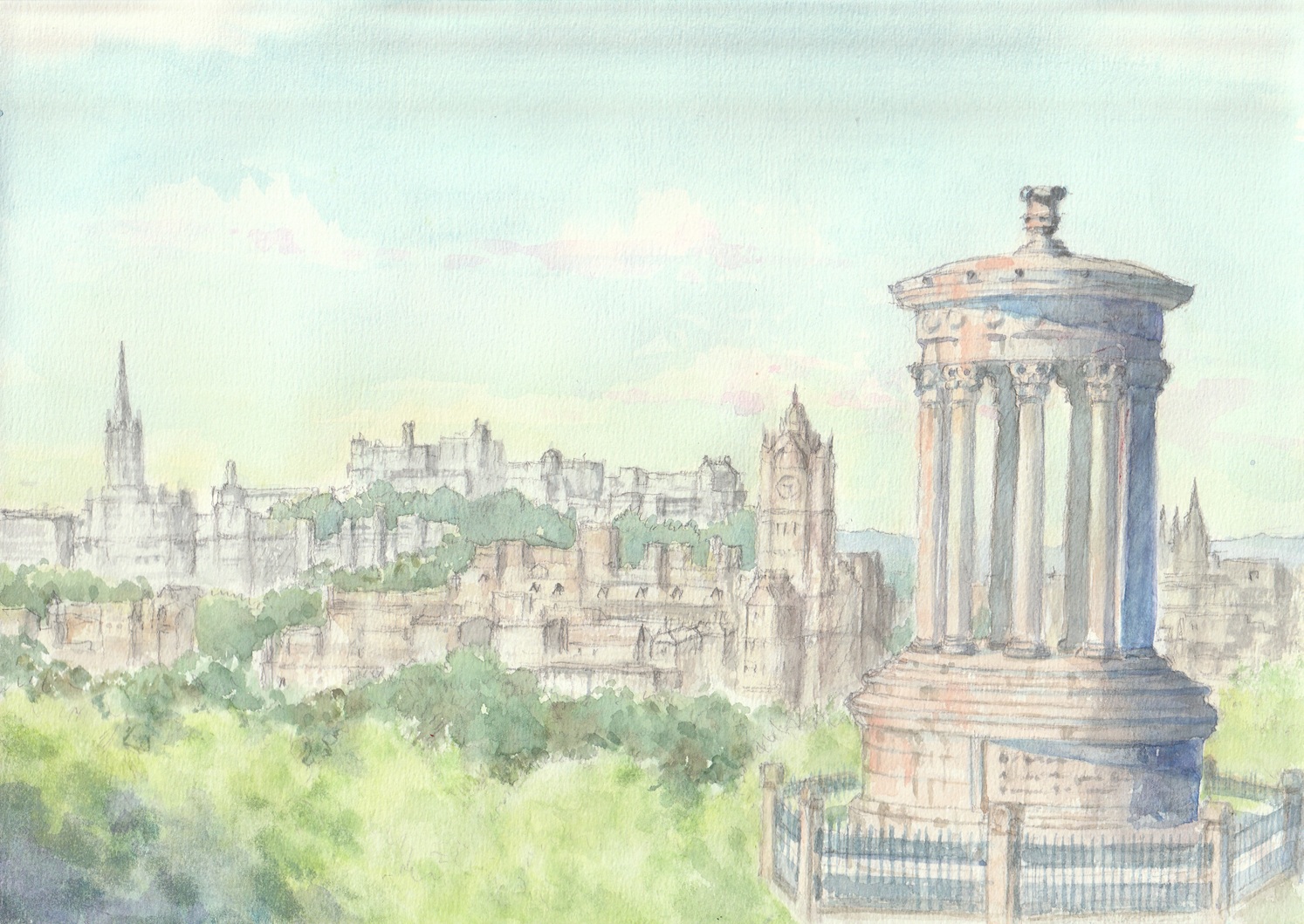 paruperu, original, commentary request, painting (medium), traditional media, watercolor (medium), building, city, day, edinburgh (city), no humans, outdoors, scenery, scotland, sky, spire, tower