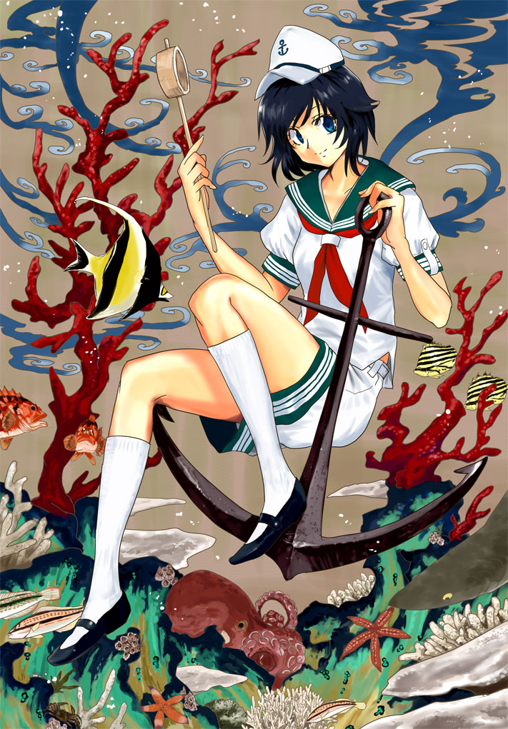 tsurui, murasa minamitsu, touhou, 1girl, anchor, black hair, blue eyes, female focus, fish, full body, hat, hishaku, ladle, sailor, sailor collar, sailor hat, short hair, solo, underwater
