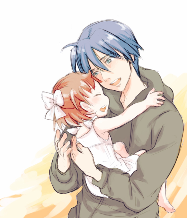 usutsuchi kine, okazaki tomoya, okazaki ushio, clannad, 00s, barefoot, blue hair, brown hair, child, closed eyes, dress, family, hood, hoodie, hug, short hair, sketch