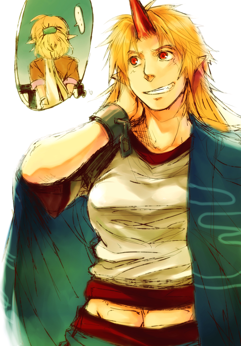 re ghotion, hoshiguma yuugi, mizuhashi parsee, touhou, bad id, bad pixiv id, 2girls, abs, back, blonde hair, female focus, grin, horns, long hair, multiple girls, muscular, pointy ears, red eyes, scarf, shirt, short sleeves, single horn, smile, t-shirt